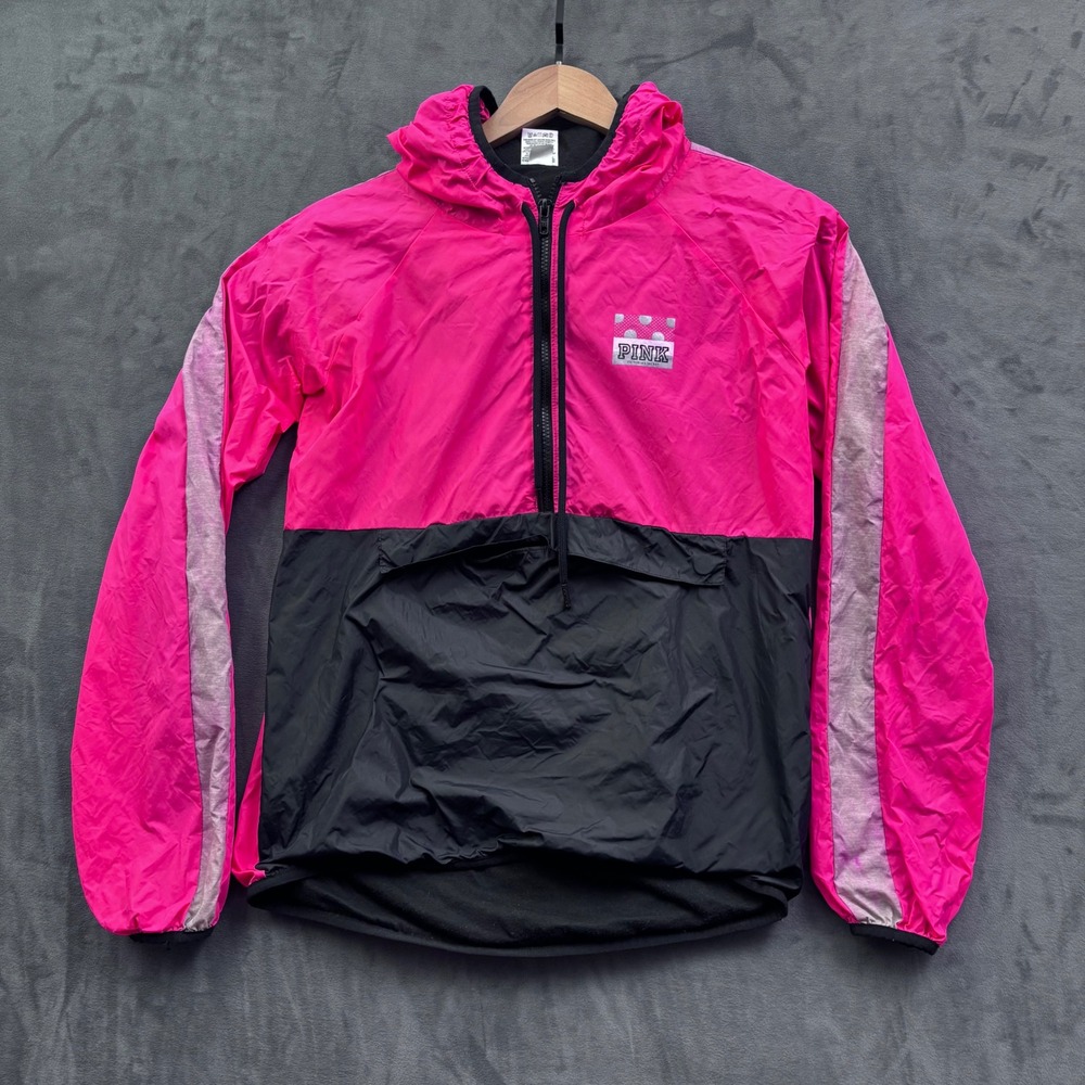 Victorias Secret PINK Half Zip Windbreaker Fleece Lined Pink Black XS/S